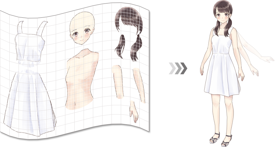 速度と低負荷を考慮した独自のシステム : 「AVAFIT Sprite」システムがリアルタイムでスプライトシート（Sprite Sheet）上の元画から各パーツを切り取り、組み合わせて動くアバターとして表示